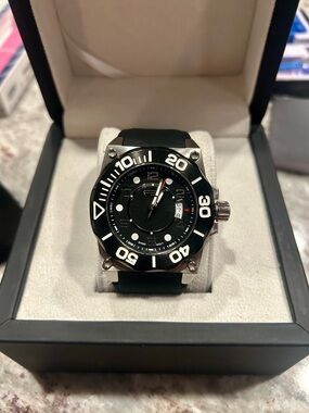 F2I Oversized Diver Style Watch | Black Dial | Swiss Movt | Rubber Strap | Box